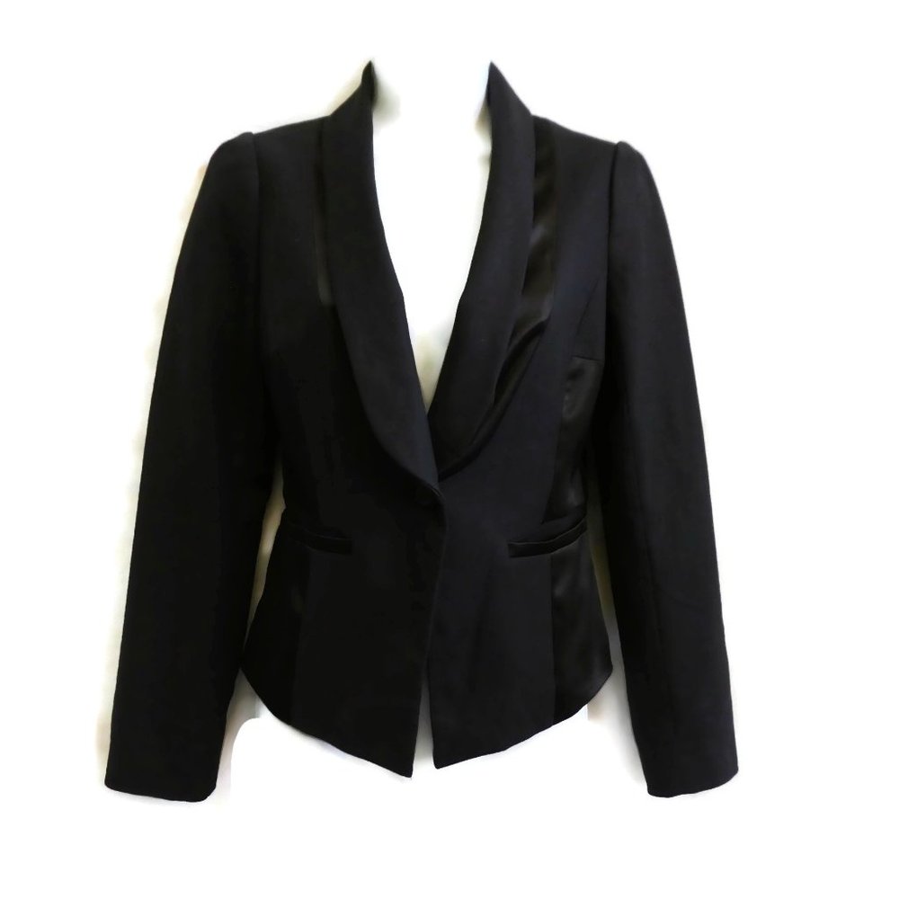 Elevenses Blazer Fitted Tuxedo Satin Blk Green Shawl Lapel 4